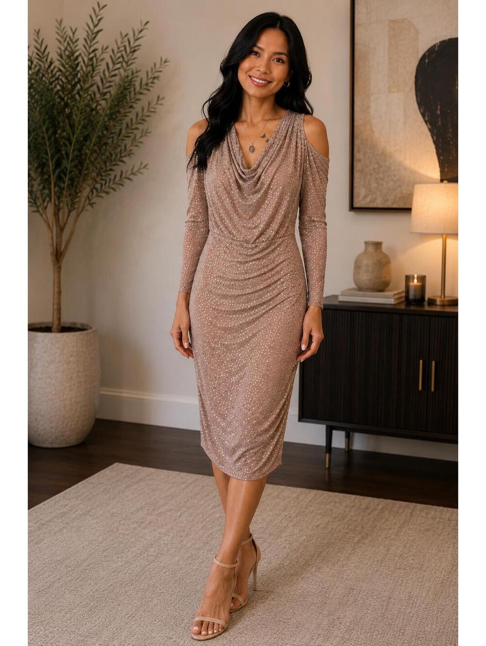 Guess Beige Cold Shoulder Midi Dress with Sparkle Detail